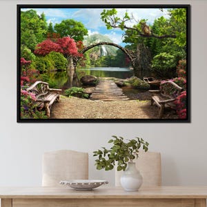Steinbrücke: Gelassene Landschaftswandkunst | Natur-Szene | See Dekor | Friedliche Aussicht | Garten Dekor | Mehrfarbige Leinwand von NICHECANVAS