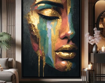 Golden Radiant Abstract Face: Modern Home Decor | Chic Wall Art | Bold Colorful Portrait | Elegant Face Design by NICHECANVAS