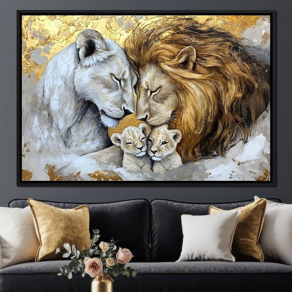 Lion Family Embrace: Cozy Home Decor | Wildlife Art | Family Love | Gold Lion Wall Decor | Heartwarming Artistic Display by NICHECANVAS