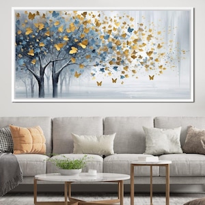Un tocco di blu in un boschetto dorato: arte murale ispirata alla natura / albero astratto / decorazioni primaverili / decorazioni per la casa / arte blu e oro di NICHECANVAS