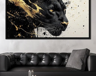 Golden Panther Radiance: Modern Animal Art | Black Gold Decor | Luxe Home Design | Elegant Statement Wall Art Home Decor by NICHECANVAS