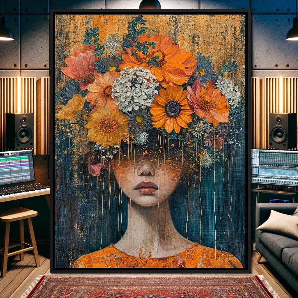 Blossoming Silence Dripping Gold: Floral Portrait Canvas | Mixed
