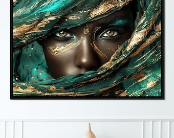 Emerald Gaze Gold Essence: modern decor | Gezichtsportret | Groene en gouden muurkunst | Luxe woondecoratie | Gemengde techniek door NICHECANVAS