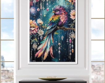Enchanted Jewel Toned Bird Fantasy: Vibrant Wall Art | Colorful Bird Decor | Whimsical Home Decor | Fantasy Art Print by NICHECANVAS