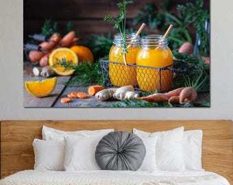 Cuadro De Lienzo Moderno Con Frutas Y Jugo Para Decorar Tu Cocina - Impresión Giclée Enmarcada, Hecho A Mano