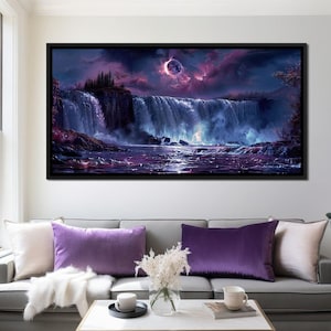 Pode incluir: Uma pintura digital de uma cachoeira caindo por um penhasco com um céu roxo e uma lua brilhante no fundo.