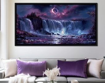 Eclipse Over Lavender Falls: Waterfall Art | Fantasy Landscape | Moonlit Scene | Nature Canvas | Purple Decor Wall Art by NICHECANVAS