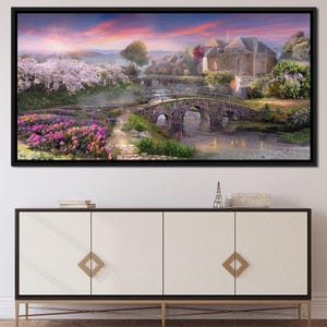 Garten bei der Steinbrücke: Naturkunst | Frühlingsszene | Landhaus Dekor | Blumen Landschaft | Beruhigendes Wandbild von NICHECANVAS