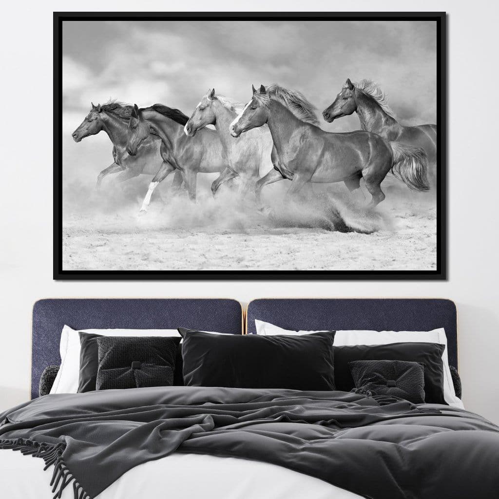 Black & White Horses Herd Canvas: Equine Photography, Wild Horses, Monochrome Print, Nature Wall Art, Galloping Horses by NICHECANVAS