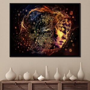 May include: Abstract art print featuring a swirling, colorful design with a face in the center. The design is made up of numbers and swirls of color. The background is black.