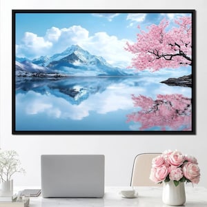 Tranquil Blossom Reflection: Serene Nature Art | Floral Landscape | Calming Home Decor | Japanese Style Wall Art by NICHECANVAS