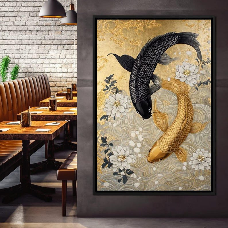 Koi Harmony With White Blossoms | Japanese Decor | Koi Fish Art | Gold ...