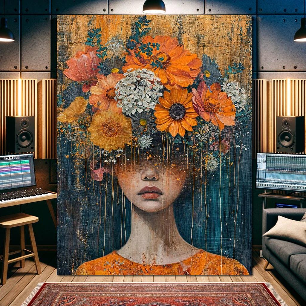 Blossoming Silence Dripping Gold: Floral Portrait Canvas | Mixed
