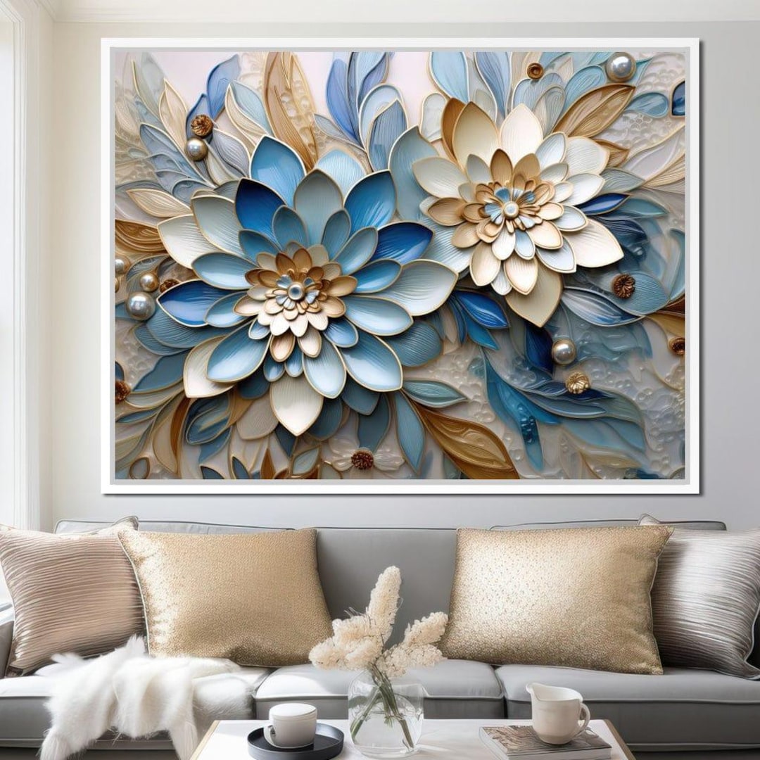 Floral Symphony in Blue & White: 3D Botanical Wall Art | Modern