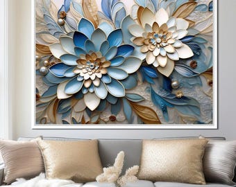 Floral Symphony in Blue & White: 3D Botanical Wall Art | Modern Elegance | Blue Flower Decor | Interior Design | Calm Vibe by NICHECANVAS