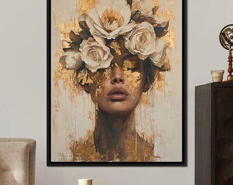 Golden Petal Visage: Flower Face Art | Feminine Decor | Gold Leaf Art | Rustic Wall Art | Floral Portrait | Modern Print by NICHECANVAS