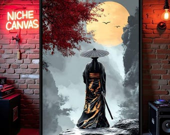 Samurai Moonlight Reverie: Asian Wall Art | Zen Home Decor