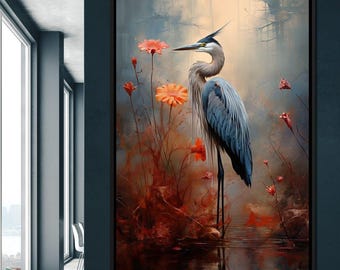 Autumn Heron Feathered Dawn: Elegant Bird Wall Art | Nature Inspired Decor | Modern Wildlife Painting | Heron Canvas by NICHECANVAS