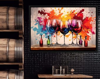 May include: A painting of five colorful wine glasses with splashes of paint in the background. The glasses are filled with different colored liquids, including red, blue, and purple. The painting is framed in black.