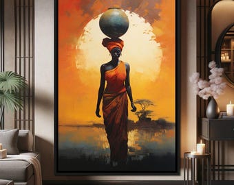 Amber Balance Horizon: African Woman Wall Art | Sunset Colors | Ethnic Decor | Vibrant Painting | Bold Cultural Art by NICHECANVAS