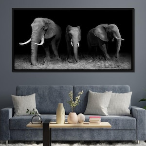 Black and White Elephants: Minimalist Wall Art | Wildlife Photography | Safari Decor | Monochrome Animal Print by NICHECANVAS