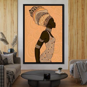 African Lady: Vibrant Wall Art | Black Woman Portrait | African Modern Decor | Orange and Black Cultural Decor Canvas by NICHECANVAS