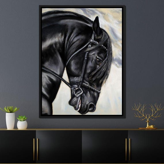 Black Friesian Horse: Elegant Decor | Horse Wall Art | Fine Art Print | Animal Portrait | Rustic Home Art | Horse Lover Gift by NICHECANVAS
