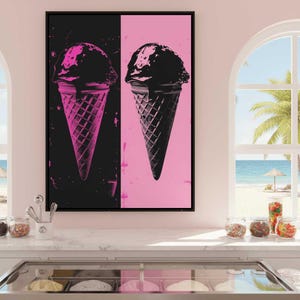 Casquinhas de sorvete rosa e pretas: Pop Art moderna | Decoração de parede rosa | Decoração divertida para casa | Arte de quarto com guloseimas por NICHECANVAS