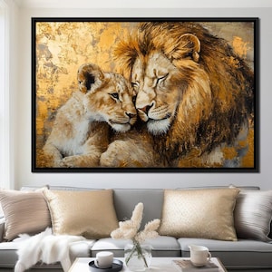 Leões Dourados: Arte Real da Vida Selvagem | Decoração para Famílias de Leões | Dourado e Bege | Decoração Aconchegante para Casa por NICHECANVAS