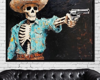 Cowboy Skeleton in Denim: Unique Western Wall Art | Rustic Home Decor | Halloween Skull Print | Spooky Gunman Canvas by NICHECANVAS