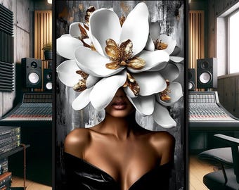 Golden Petals Elegance - Cole Williams Canvas: Floral Wall Art, Woman Portrait, Elegant Deco, Unique Home Decor by NICHECANVAS