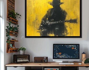Golden Melody Silhouette: Guitar Wall Art | Musician Decor | Black and Yellow Home Decor | Electric Guitar Canvas Art by NICHECANVAS