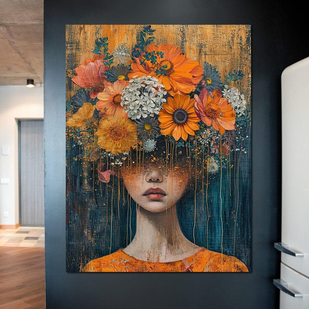 Blossoming Silence Dripping Gold: Floral Portrait Canvas | Mixed