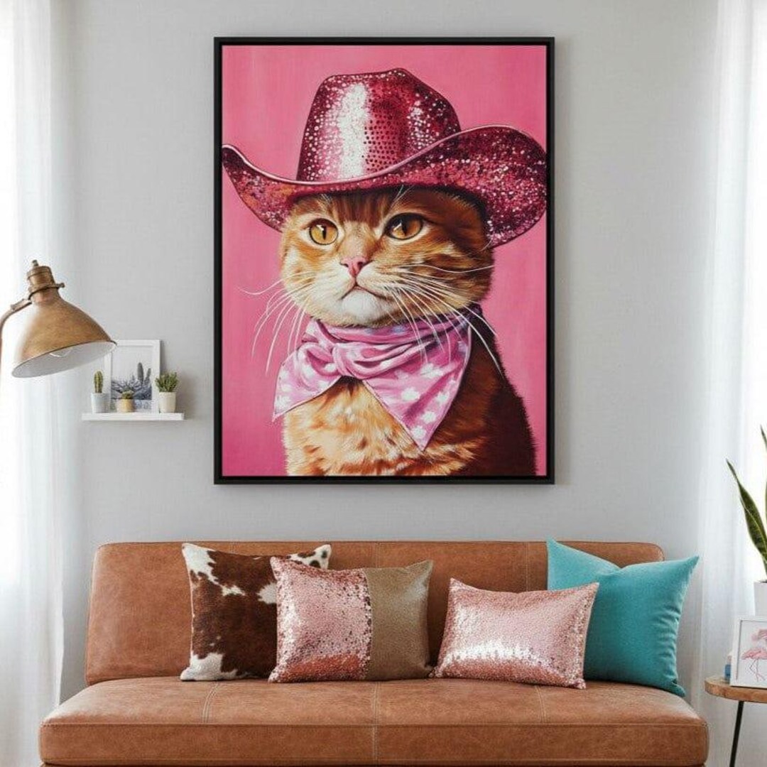 Pink Rodeo Cat Swagger | Home Decor Cowboy Cat Art Print, Pink Hat ...