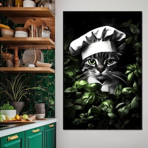 Chef Kitty in Herb Haven: Whimsical Home Decor | Culinary Cat Art | Greenery Kitchen Wall Art | Perfect for Cat Lovers by NICHECANVAS