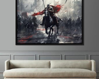 Op de afbeelding: Een ridder te paard stormt de strijd in, zijn rode mantel wappert achter hem. De scène speelt zich af in een stad met gebouwen op de achtergrond en andere soldaten in de verte.