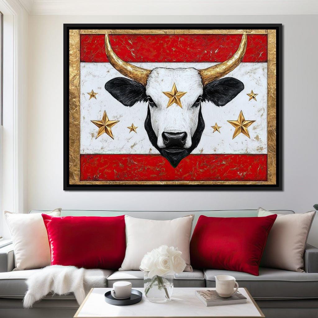 Golden Star Bull Uprising: Bold Bull Wall Art | Red White Home