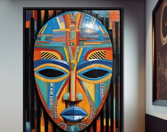 Puede incluir: Una máscara africana colorida con patrones geométricos en tonos de azul, amarillo, naranja y rojo. La máscara está enmarcada sobre un fondo rayado negro y naranja.