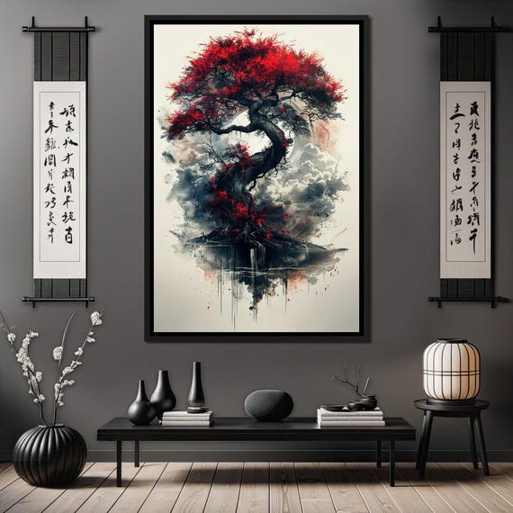 Sanguine Canopy Resilience Canvas: Nature Inspired Art, Zen Wall Decor, Red Tree Print, Calm Home Decor, Artistic by NICHECANVAS