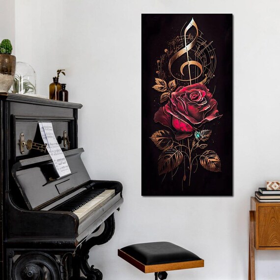 Red Rose & Musical Notes: Romantic Rose Artwork | Music Wall Art
