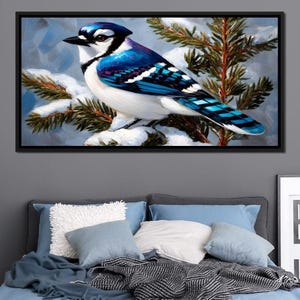 Winter Songbird on Pines: Blue Jay Art | Snowy Wildlife Home Decor | Cozy Rustic Wall Art | Nature Painting by NICHECANVAS