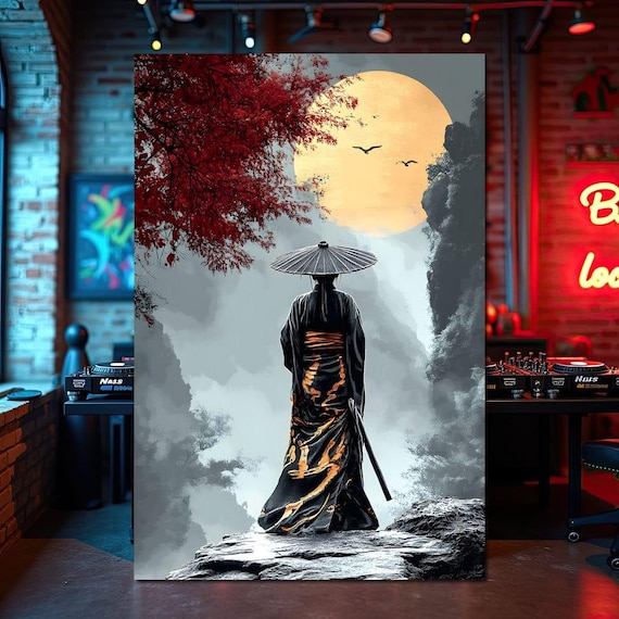 SAMURAI7 15周年記念 キャンバスアート Samurai Moonlight Reverie: Asian Wall Art | Zen Home Decor