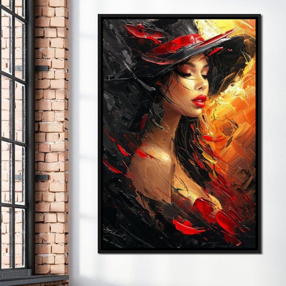 Fiery Elegance in Noir Canvas Print | Woman Portrait | Red Black