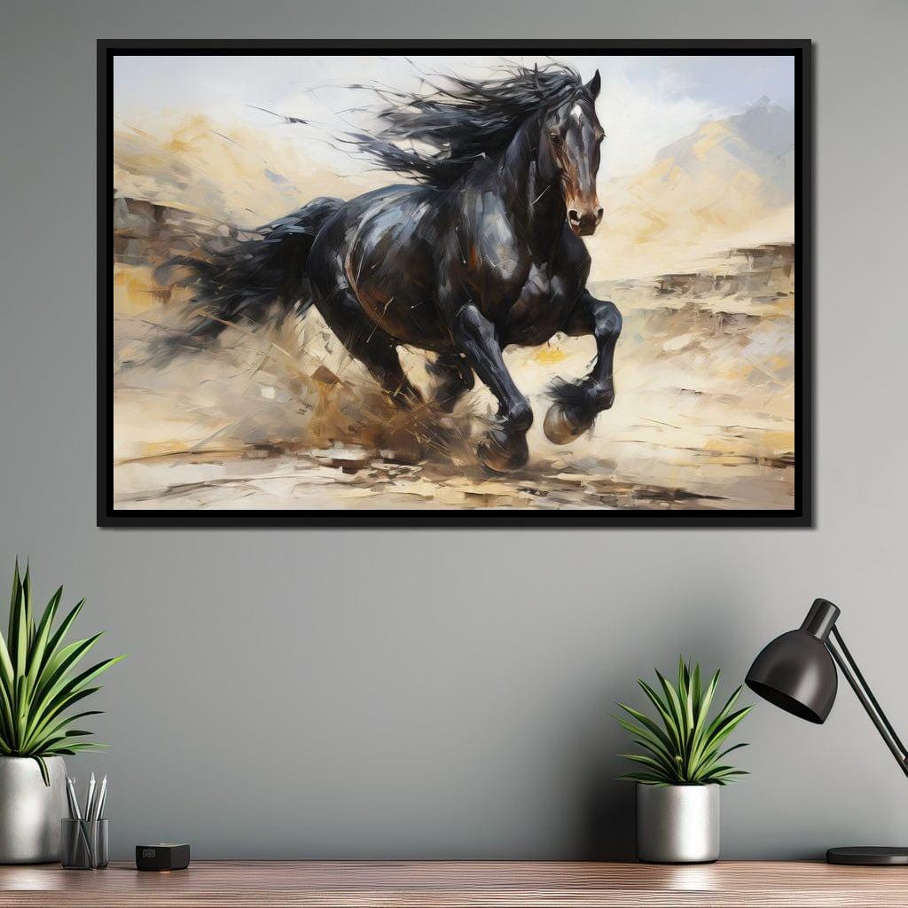 Stocky Black Horse Canvas Print | Galloping Horse Art | Rustic Western ...
