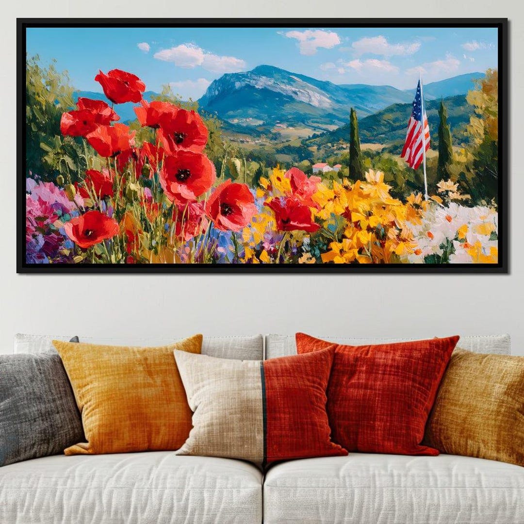 Majestic Valley Blooms Vista: Vibrant Mountain Landscape | Red
