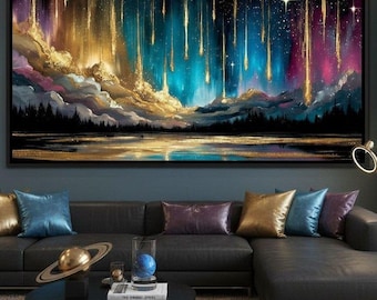 May include: A framed landscape painting depicts a celestial scene with falling golden light against a backdrop of blue, purple, and gold clouds. A dark forest and reflective water are in the foreground. The artwork hangs above a black sectional sofa with colorful throw pillows.