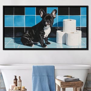 Bathroom Butler Frenchie Fun: Cute Dog Art | Fun Bathroom Decor | French Bulldog Home Decor | Pet Wall Art by NICHECANVAS