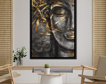 May include: A black and white painting of a Buddha face with gold accents. The face is partially obscured by gold leaves. The painting includes the symbol "Om" in the lower left corner.