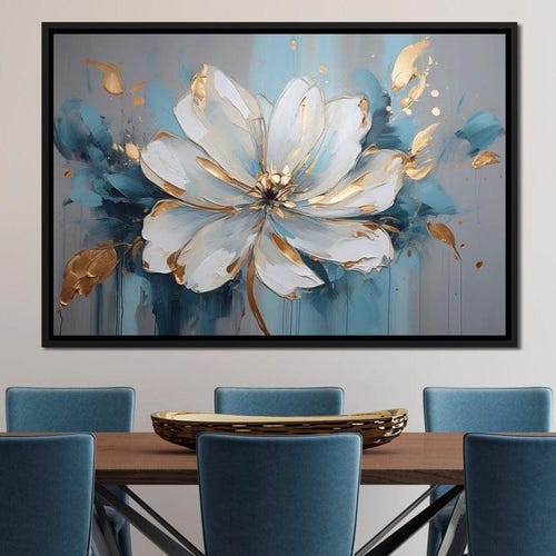 Golden Bloom in Turquoise Dream: Elegant Floral Wall Art | Modern Home Decor | Flower Canvas Print | Turquoise & Gold by NICHECANVAS