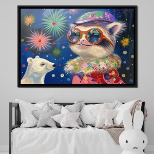 Perezoso festivo de noche estrellada - JoyCare Designs: Decoración caprichosa de animales para el hogar, arte de dibujos animados, habitación infantil colorida por NICHECANVAS